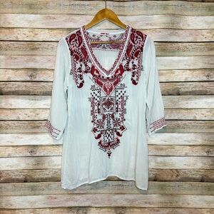Johnny Was Paisley Embroidered Capra Rayon V Neck Tunic Top Size Small